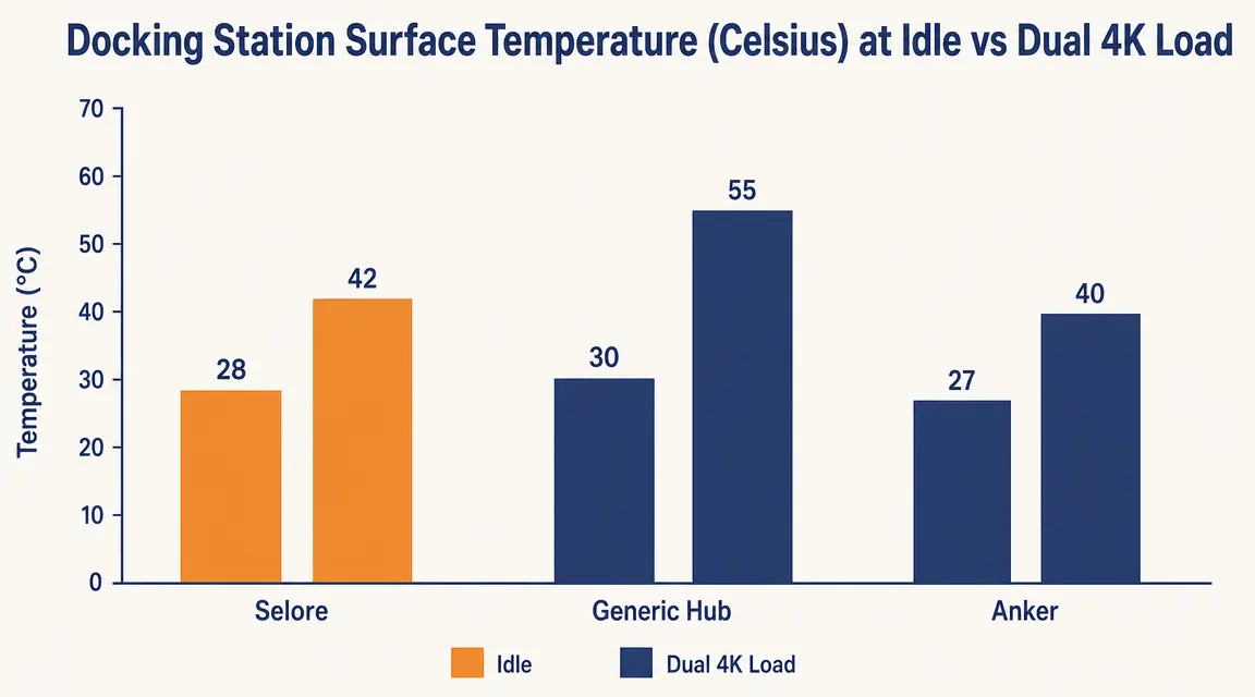 Temperature comparison chart showing docking station surface heat at idle versus under dual 4K load