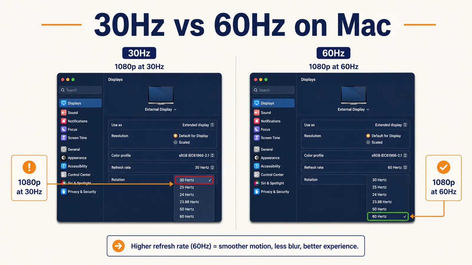Side-by-side comparison of monitor display settings on Mac showing 30Hz versus 60Hz refresh rate options