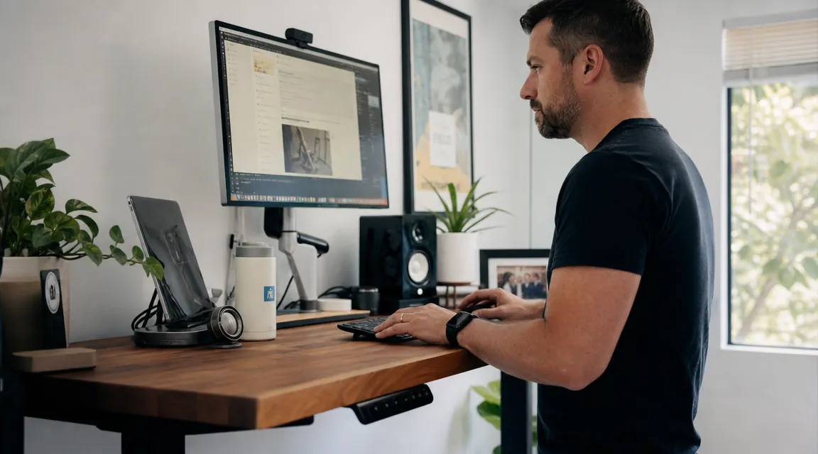 Home office setup with docking station and organized cable management under a standing desk