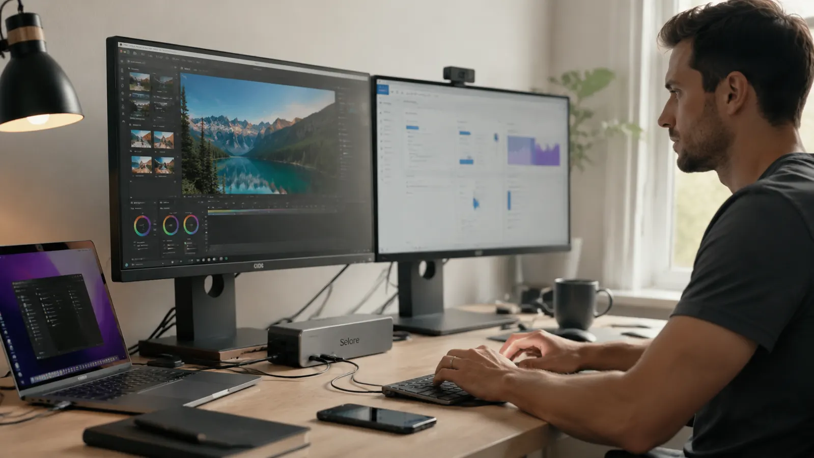 Selore 14-in-1 USB-C docking station on a home office desk with two monitors and a laptop connected