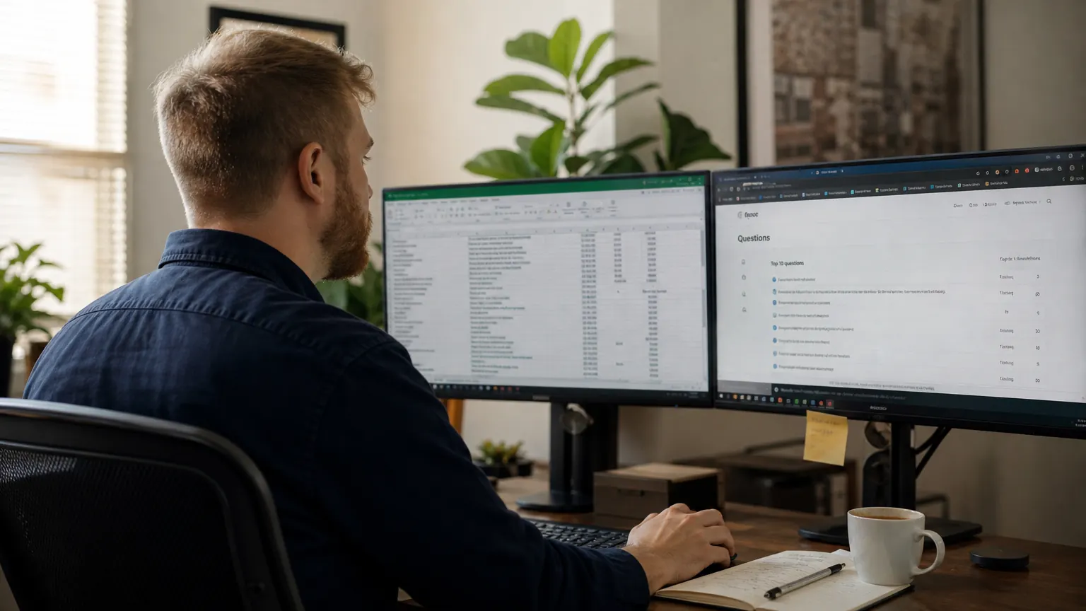 Dual monitors displaying a spreadsheet and browser side by side on a home office desk