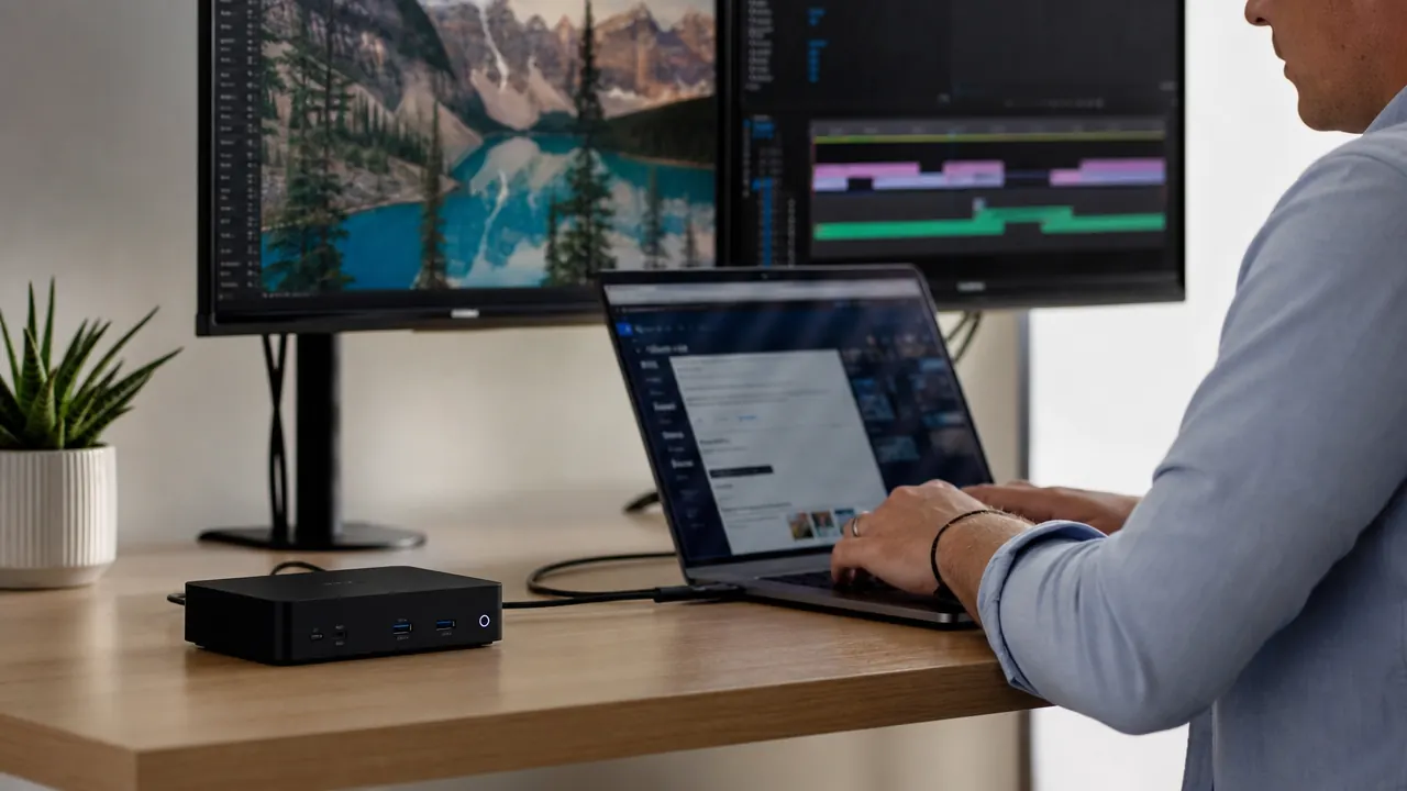 Compact black docking station sitting on a clean desk with two monitors glowing behind a laptop